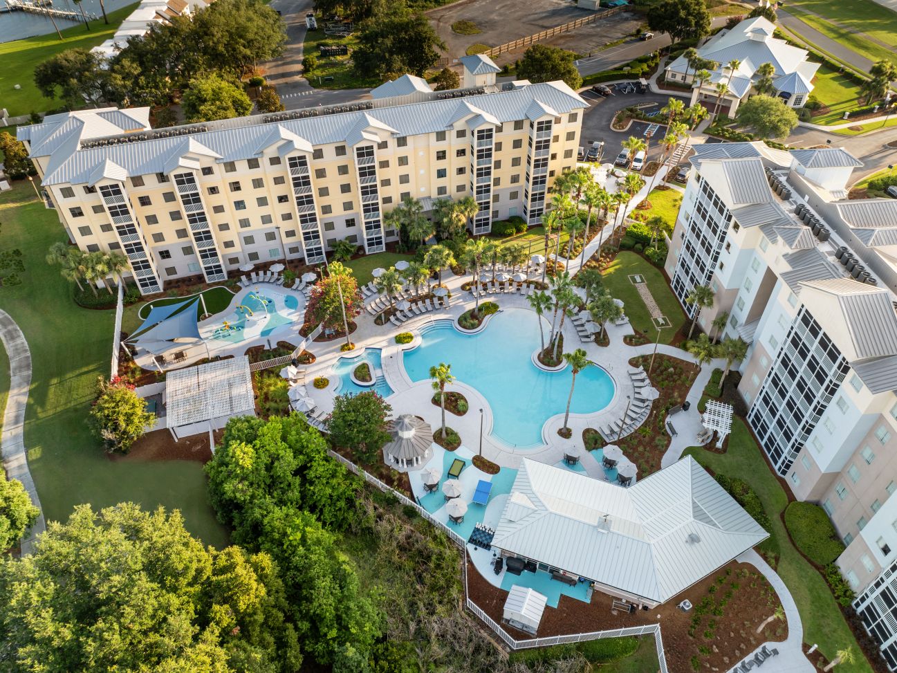Aerial of exterior and pool complex at Marriott's Legends Edge at Bay Point resort timeshare
